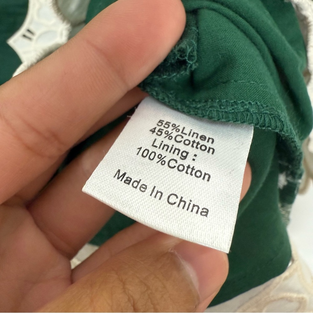 Tuckernuck Dark Green Eyelet Trim Cotton Linen Delilah Dress Size Medium - Picture 4 of 7